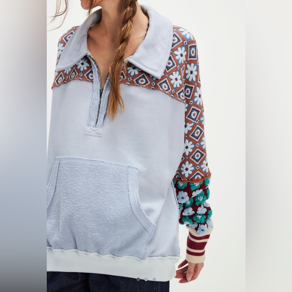 NWT! Free People Mod About You Pullover Knit Floral Blue Combo XS